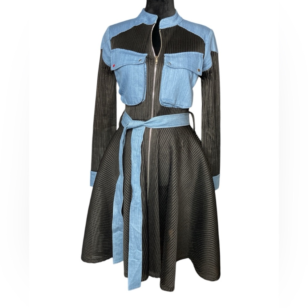 Voilà Blue Denim & Black Mesh Stylish Women's Belted Zip Up MIDI Dress/Jacket